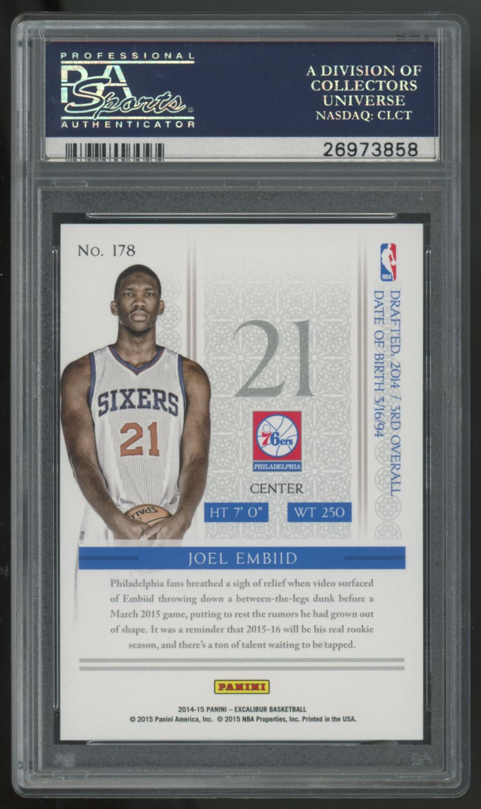 2014-15 Panini Excalibur Joel Embiid RC #178 PSA 10