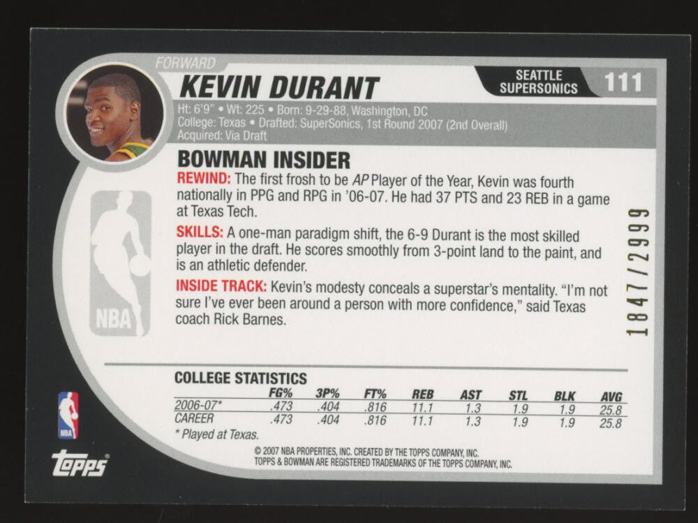 2007-08 Bowman #111 Kevin Durant RC Rookie #1847/2999 Supersonics OKC Nets