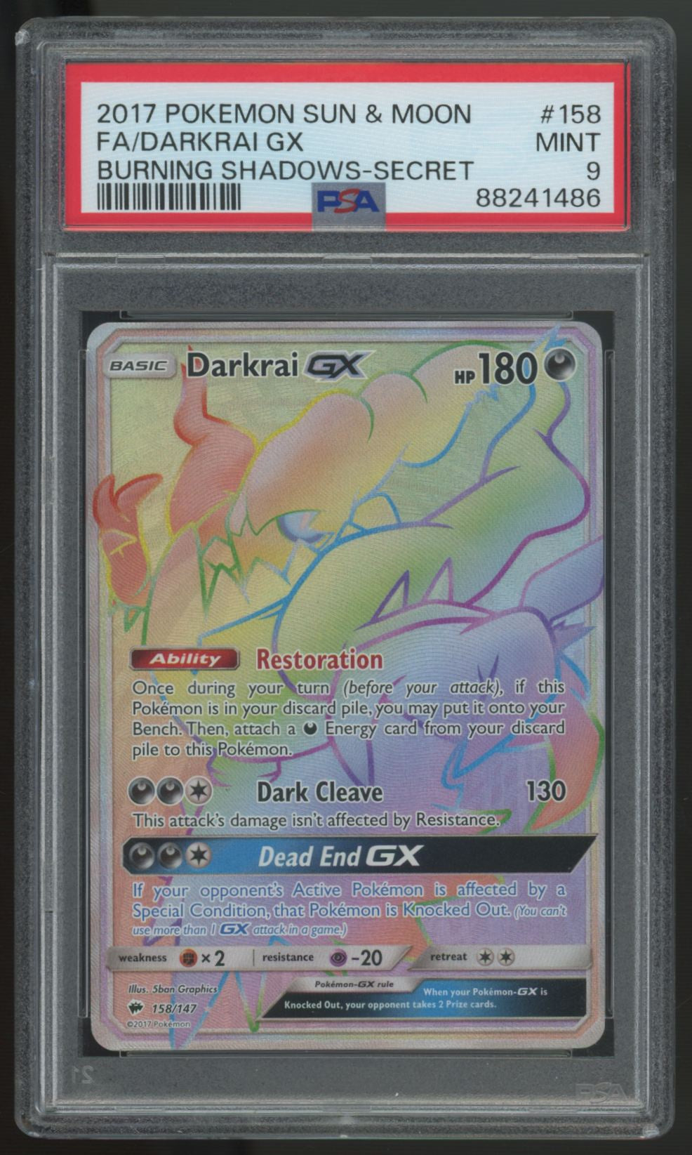 2017 Pokemon Darkrai GX Burning Shadows Secret Full Art #158 PSA 9