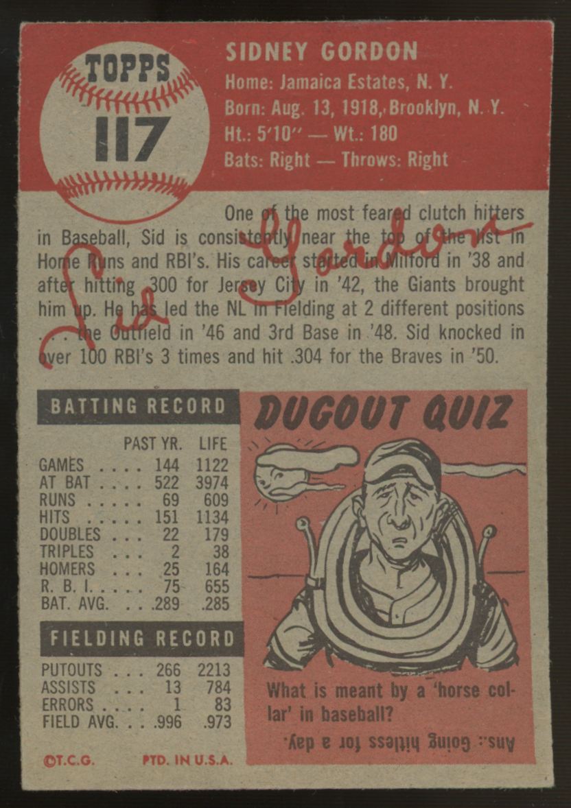 1953 Topps Sid Gordon #117 VG/EX