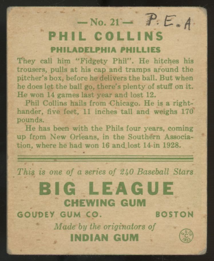 1933 Goudey Phil Collins #21 VG (MK)