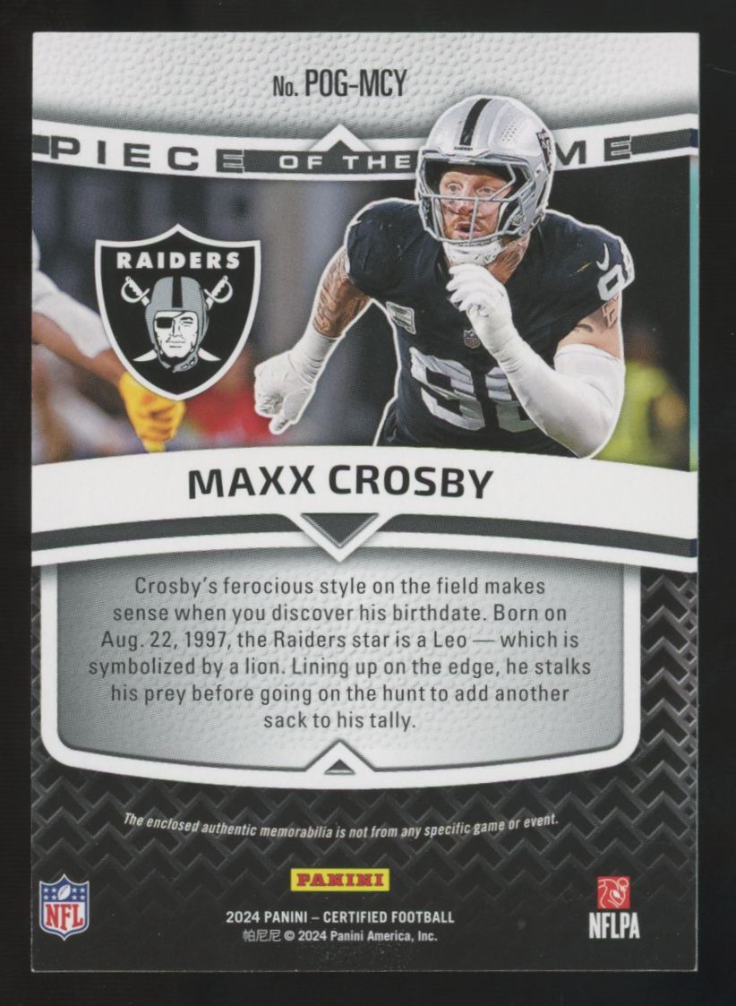 2024 Panini Certified Maxx Crosby Teal Piece Of The Game Patch /50 #POG-MCY