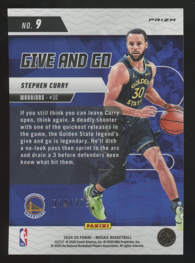 2024-25 Panini Mosaic Stephen Curry Purple Fluorescent Give & Go /175 #9