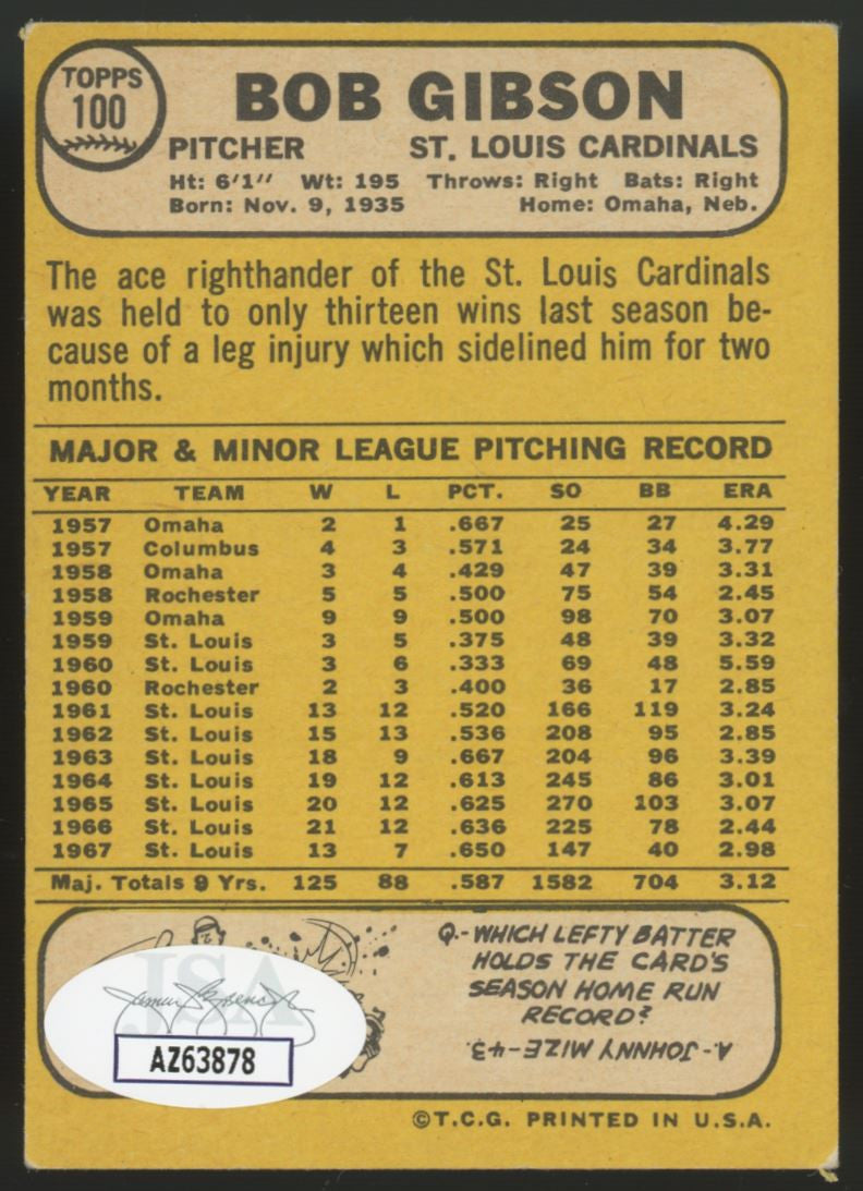 1968 Topps Bob Gibson #100 Signed Auto JSA