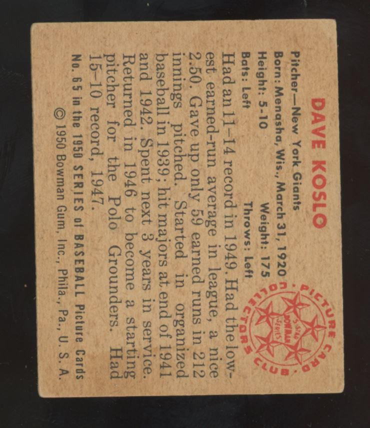 1950 Bowman Dave Koslo #65 VG (Crease)