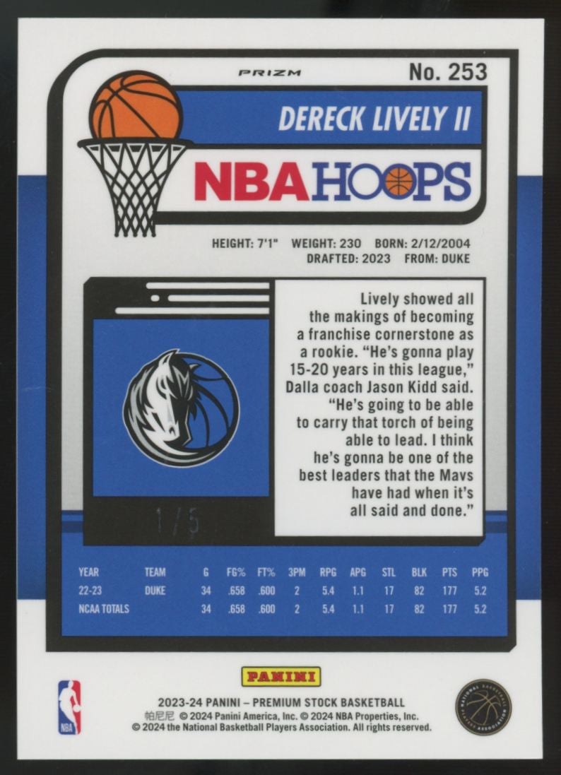 2023-24 Panini Premium Stock Dereck Lively II RC Neon Green /5 #253