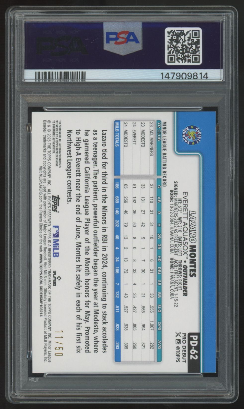 2025 Topps Pro Debut Lazaro Montes Gold Foil Auto /50 #PD-62 PSA 8