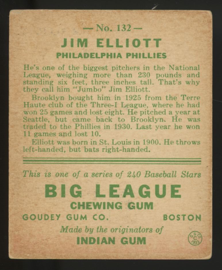 1933 Goudey Jim Elliot #132 VG+