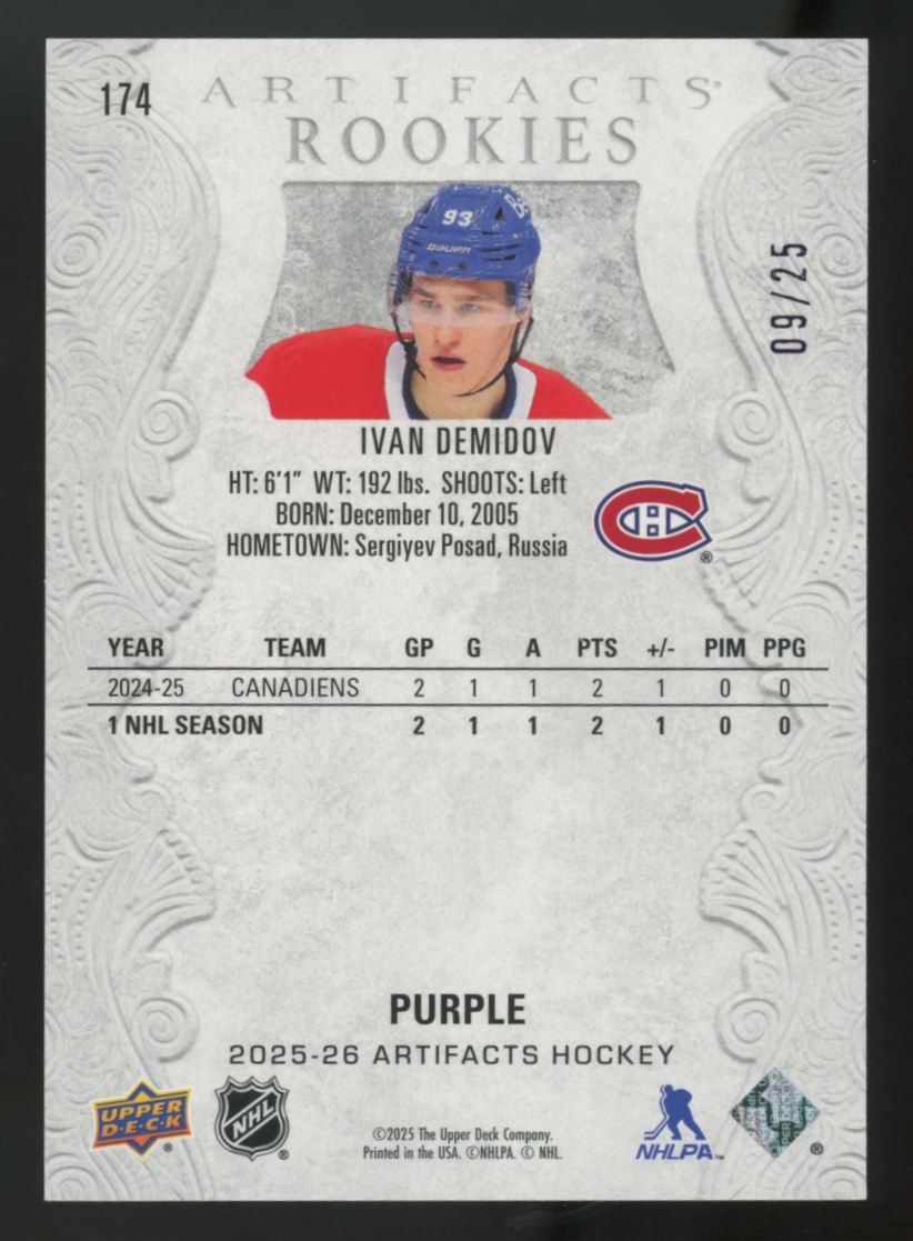 2025-26 Upper Deck Artifacts Ivan Demidov RC Purple /25 #174