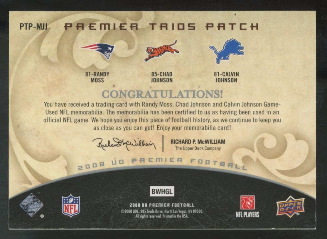 2008 Upper Deck Premier Moss/Johnson/Johnson Triple Patch /75 #PTP-MJJ