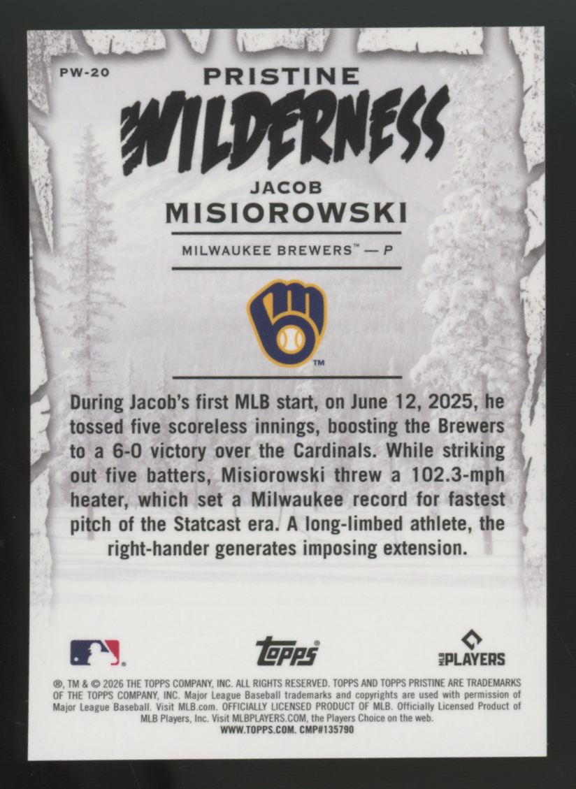 2026 Topps Pristine Jacob Misiorowski RC Purple Wilderness Refractor /99 #PW-20