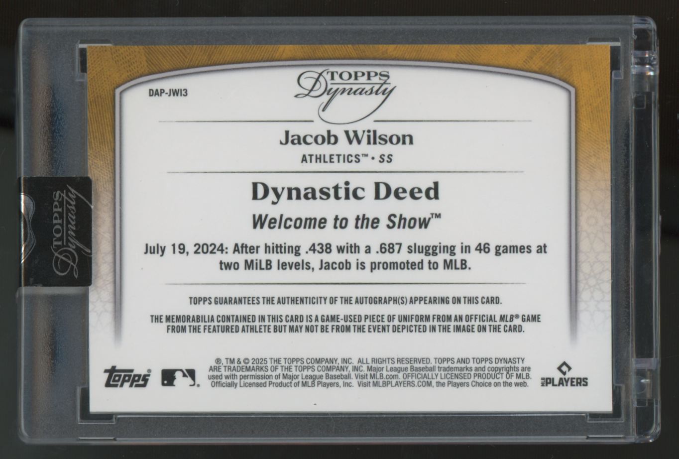 2025 Topps Dynasty Jacob Wilson RC Dynastic Deed Patch Auto RPA /5 #DAP-JWI3