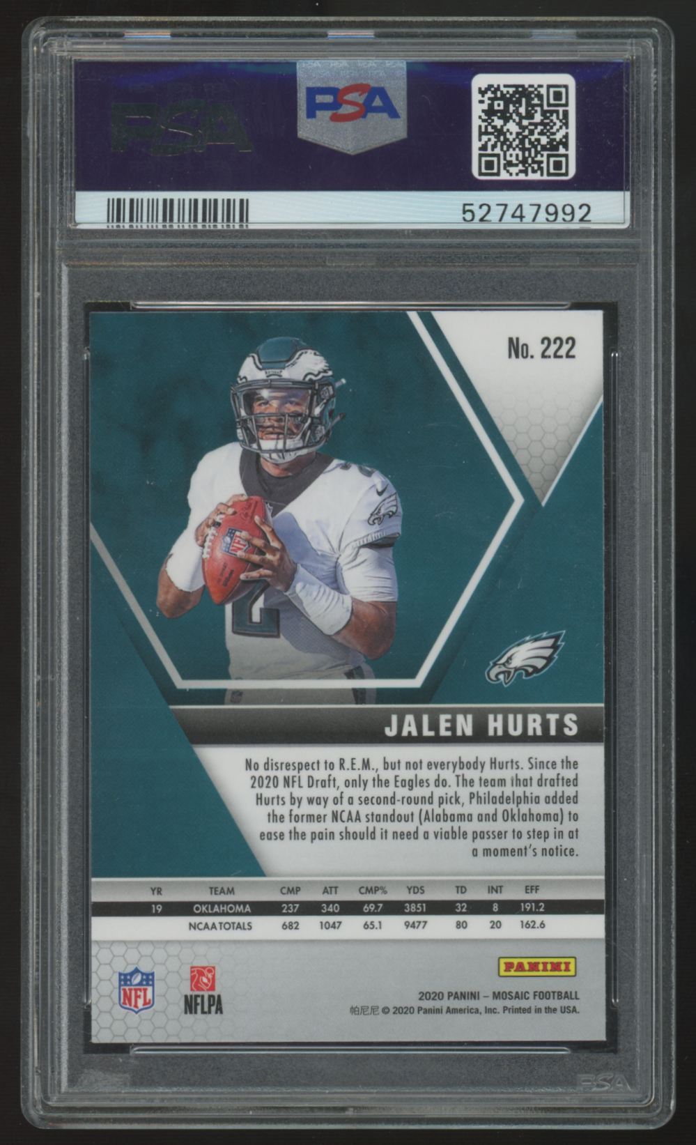 2020 Panini Mosaic Jalen Hurts RC #222 PSA 9