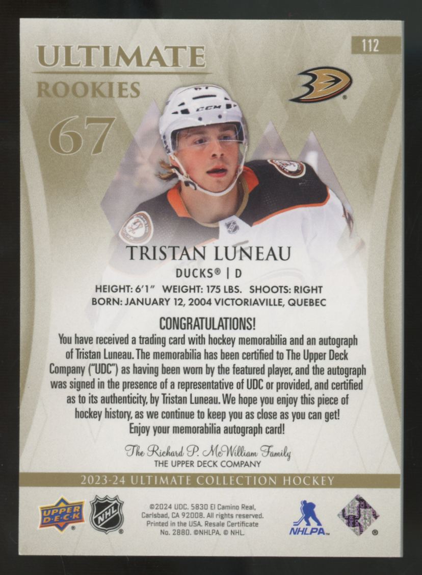 2023-24 Upper Deck Ultimate Tristan Luneau RC Patch Auto RPA /99 #112