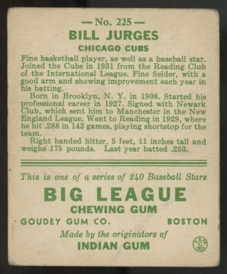 1933 Goudey Bill Jurges #225 Good