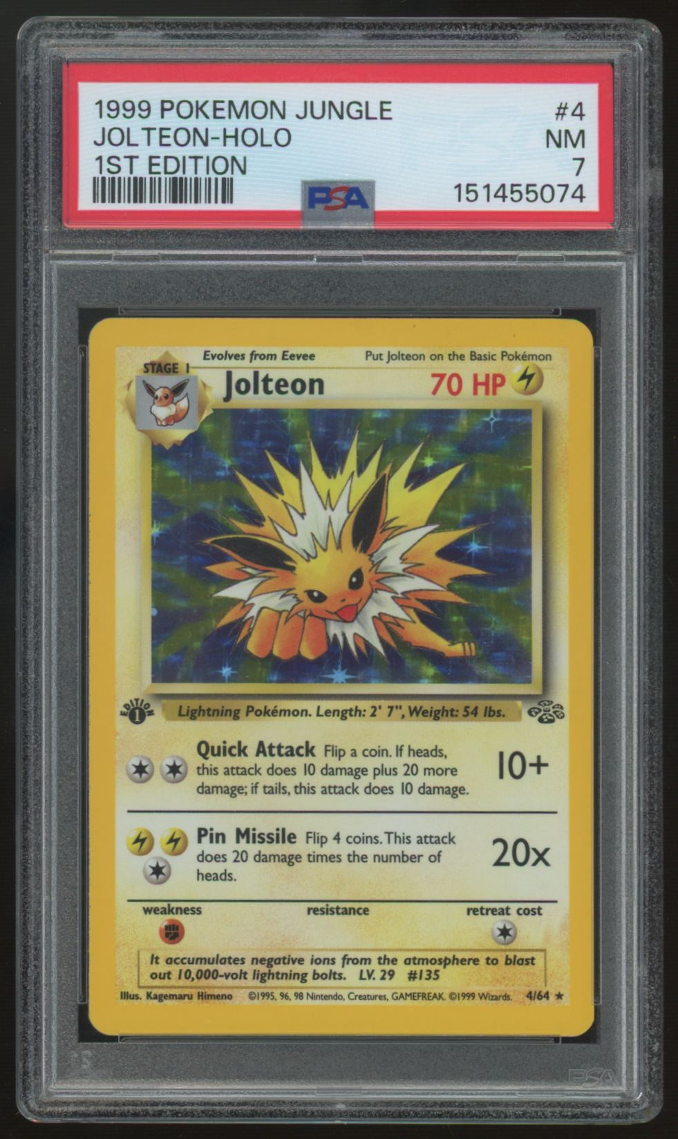 1999 Pokemon Jolteon Jungle 1st Edtion Holo #4 PSA 7