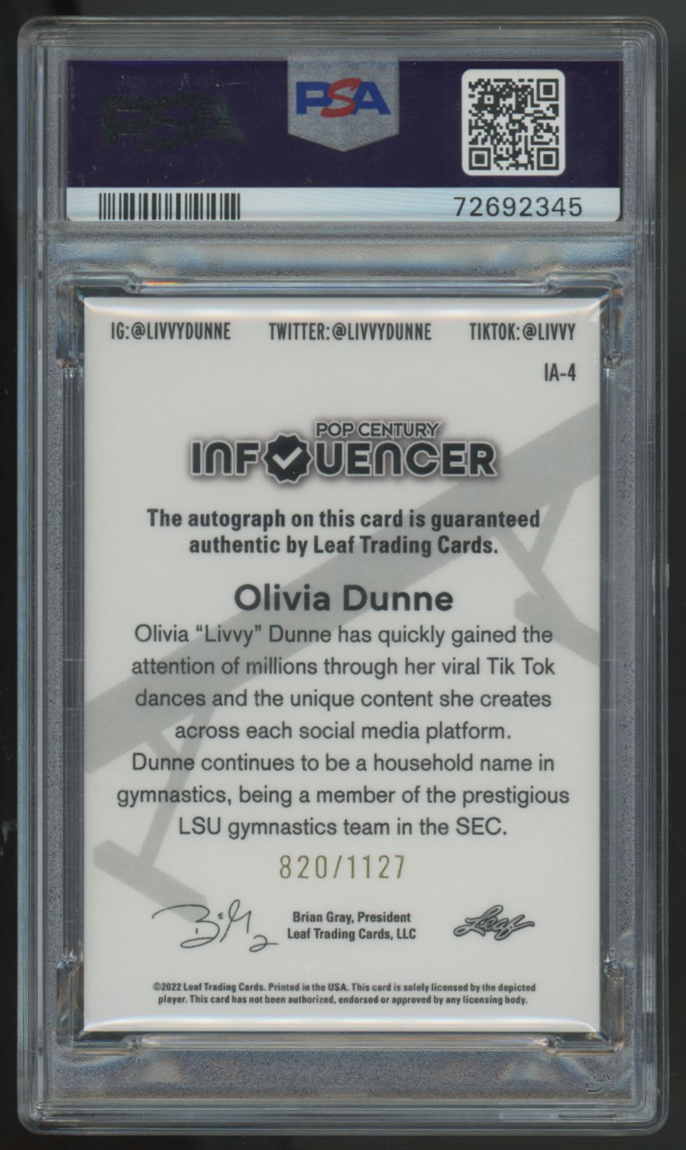 2022 Leaf Pop Century Olivia Dunne Influencer Auto /1127 #IA-4 PSA 9