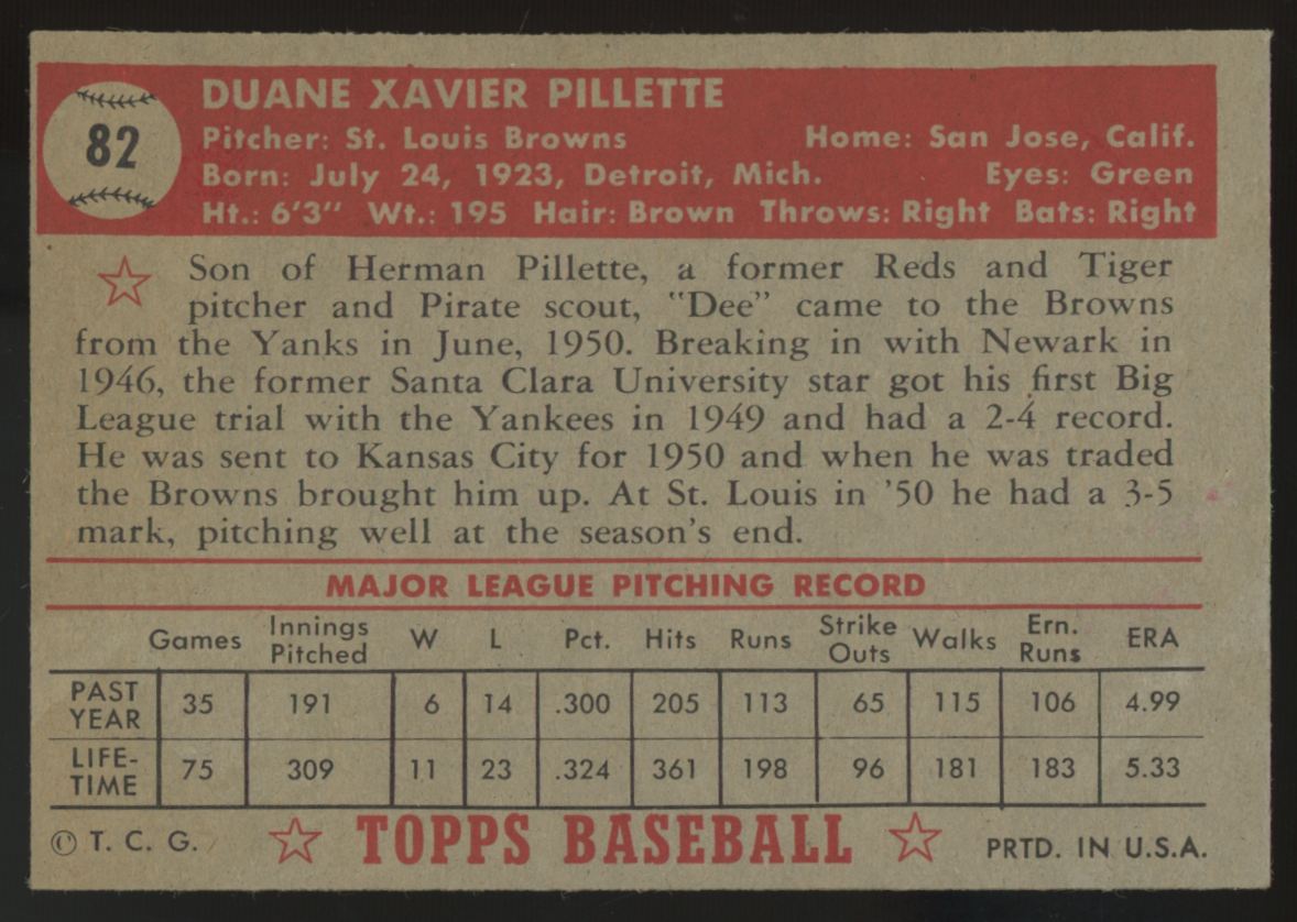 1952 Topps Duane Pillette #82 EX+