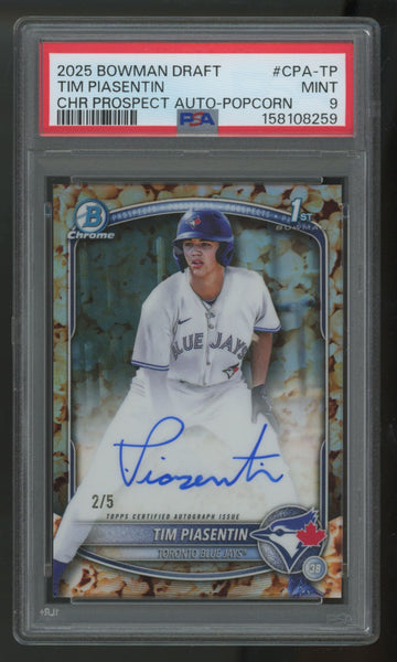 2025 Bowman Chrome Draft Tim Piasentin 1st Prospect Popcorn Auto /5 PSA 9