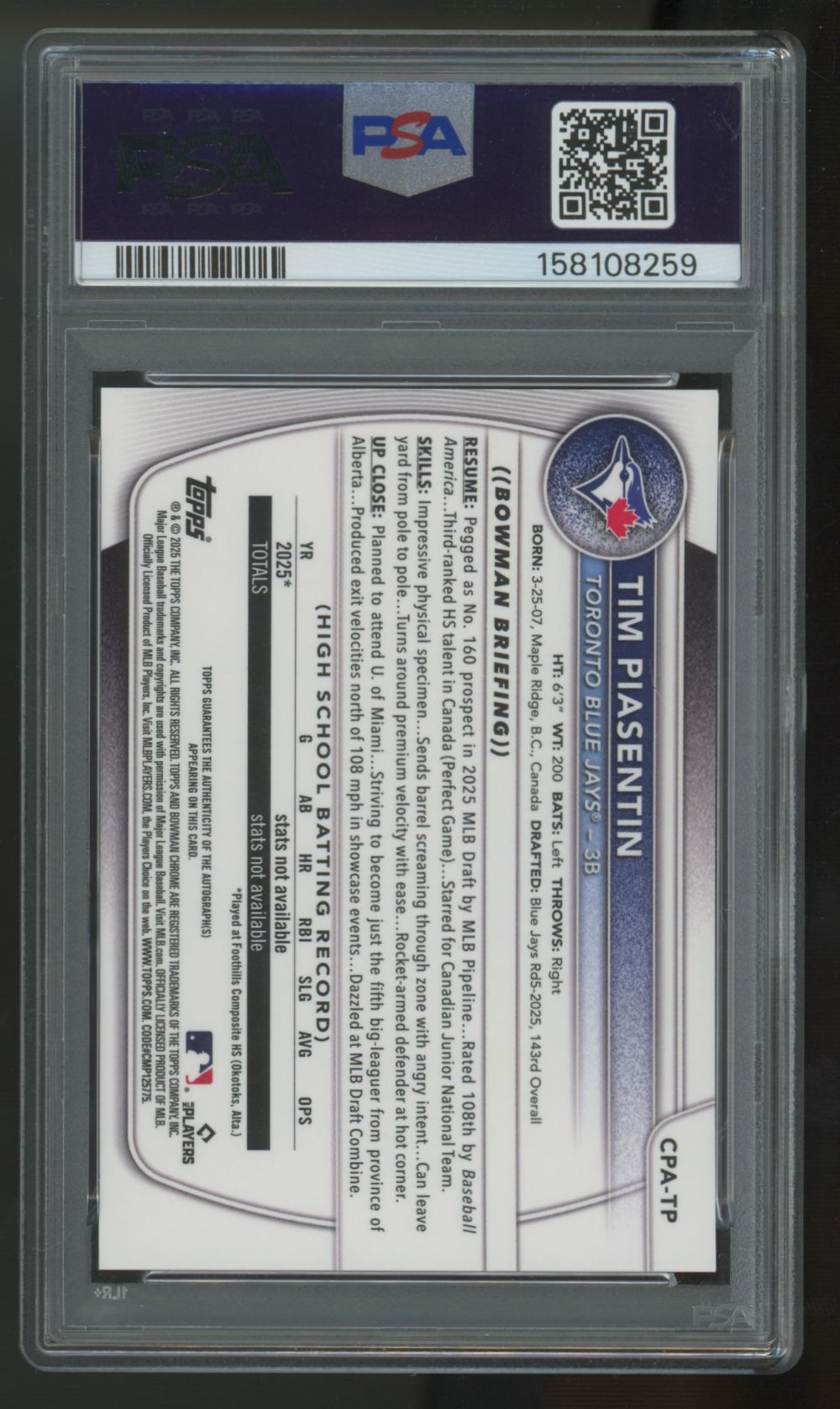 2025 Bowman Chrome Draft Tim Piasentin 1st Prospect Popcorn Auto /5 PSA 9