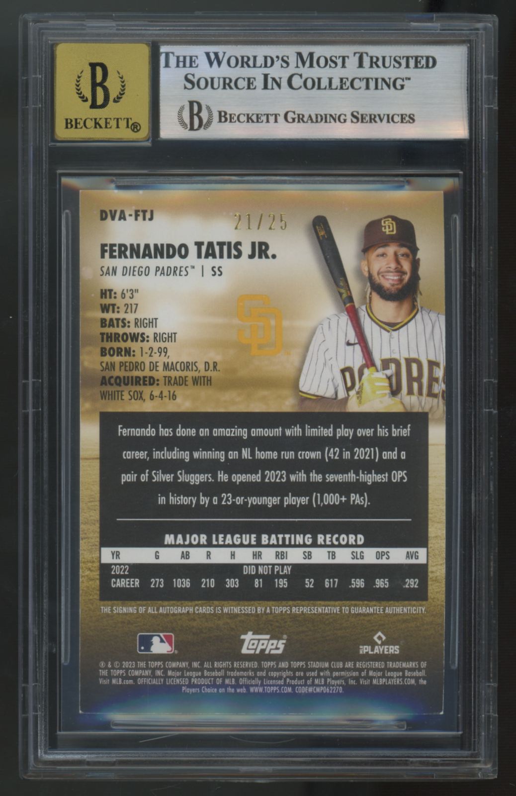 2023 Stadium Club Fernando Tatis Jr. '91 Design Variation Auto /25 BGS 8 10