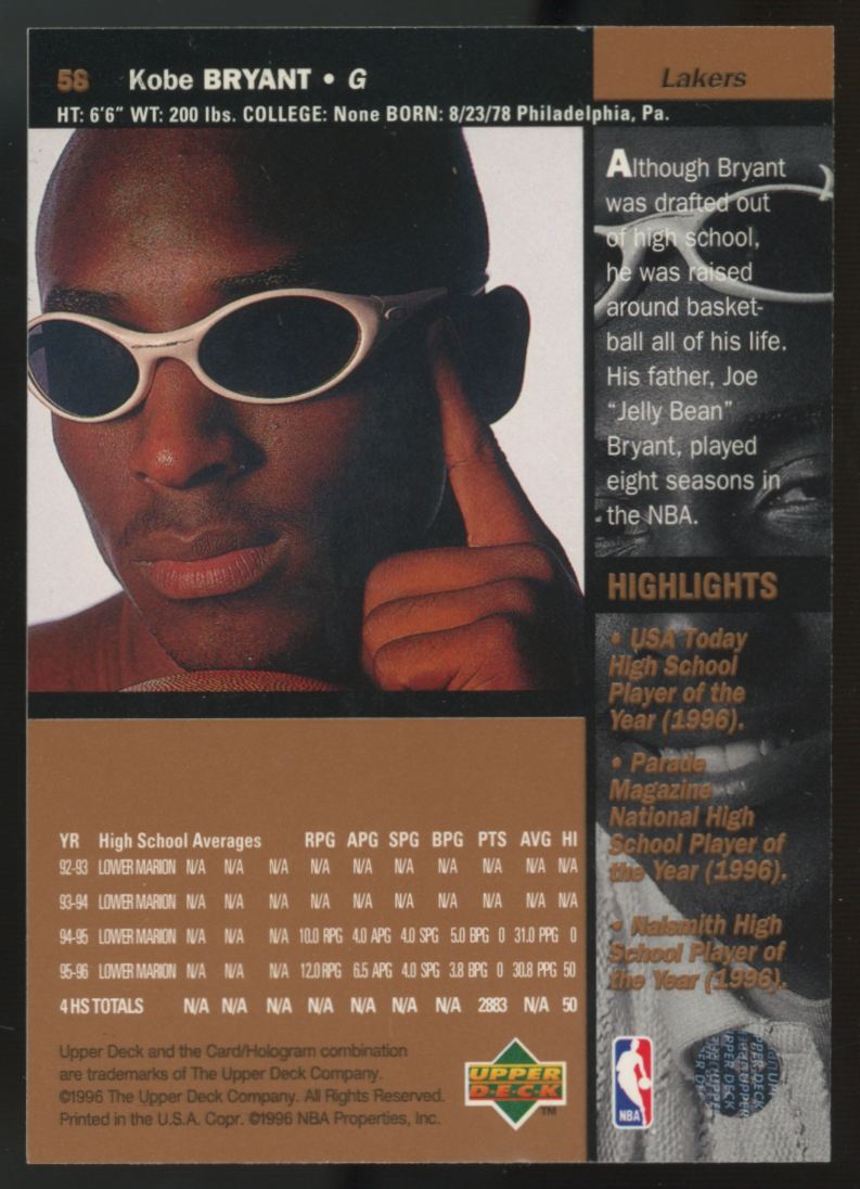 1996-97 Upper Deck Kobe Bryant RC #58 "A"