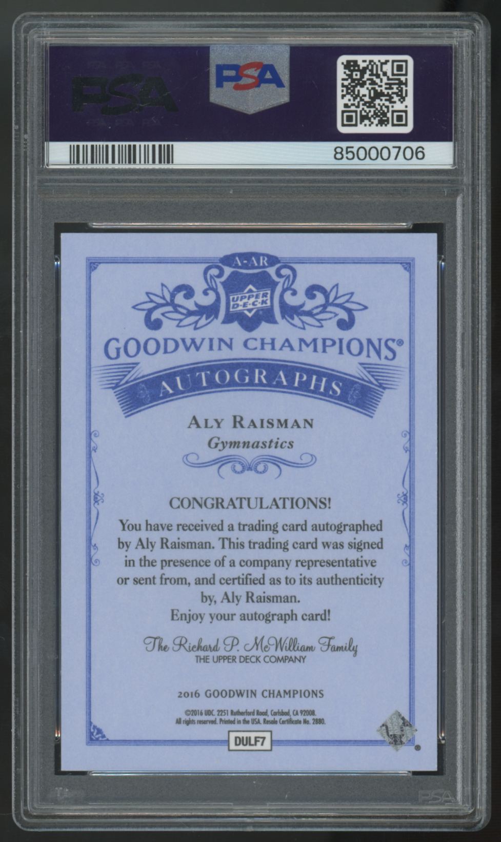 2016 Upper Deck Goodwin Champions Aly Raisman Auto #A-AR PSA 10 10