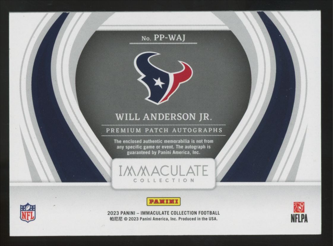 2023 Immaculate Collection Will Anderson Jr. RC Patch Auto RPA /99 #PP-WAJ