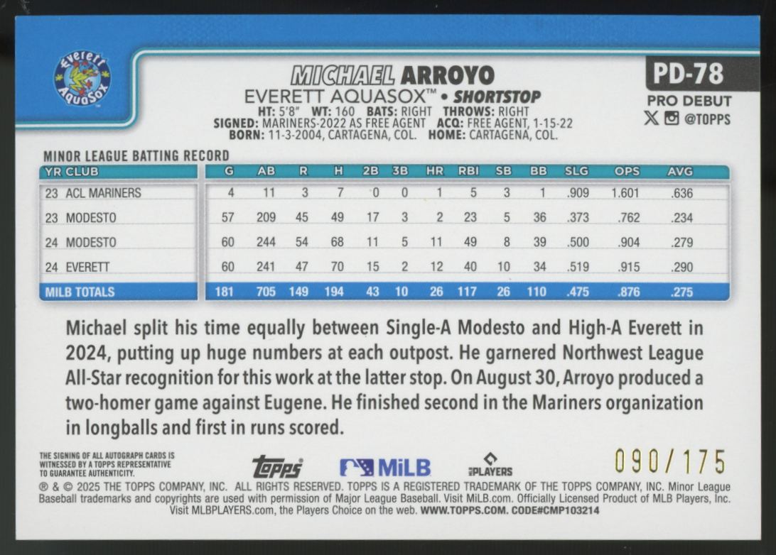 2025 Topps Pro Debut Michael Arroyo Sparkle Foil Auto /175 #PD-78