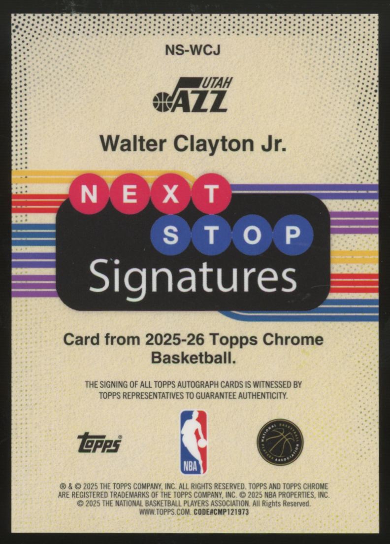 2025-26 Topps Chrome Walter Clayton Jr. RC Next Stop Blue Refractor Auto /150