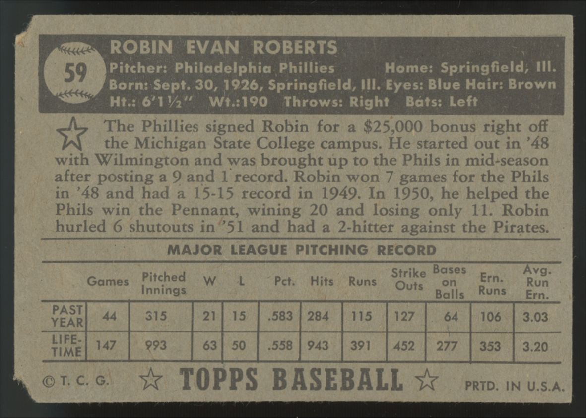 1952 Topps Robin Roberts Black Back #59 Poor