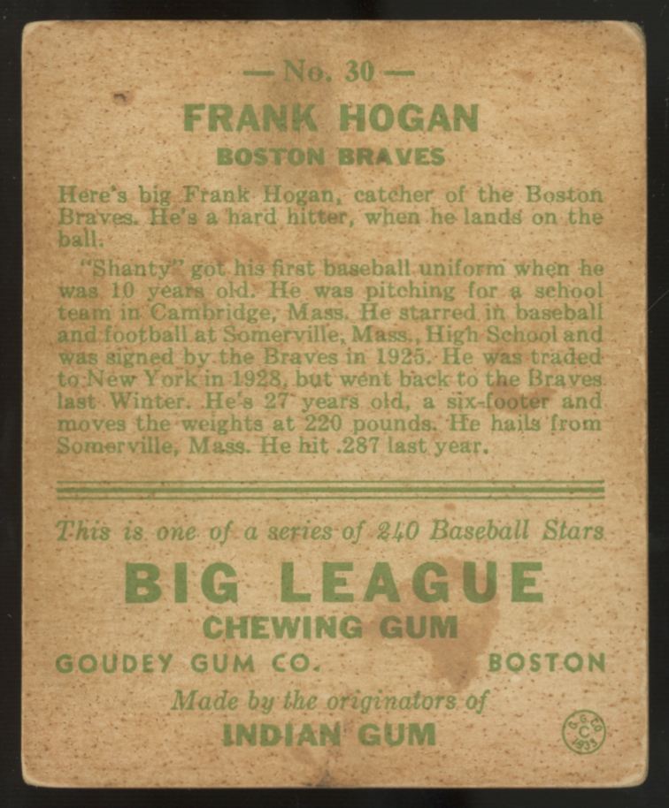 1933 Goudey Frank Hogan #30 Good