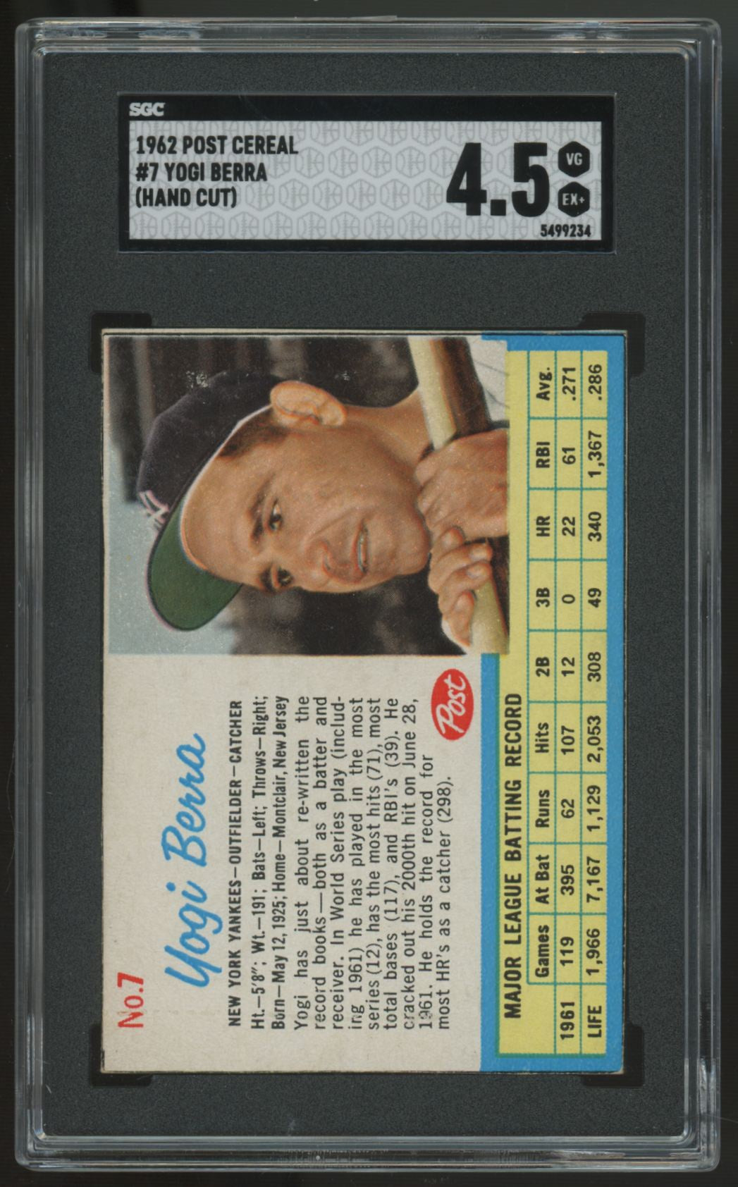 1962 Post Yogi Berra Hand Cut #7 SGC 4.5 *234