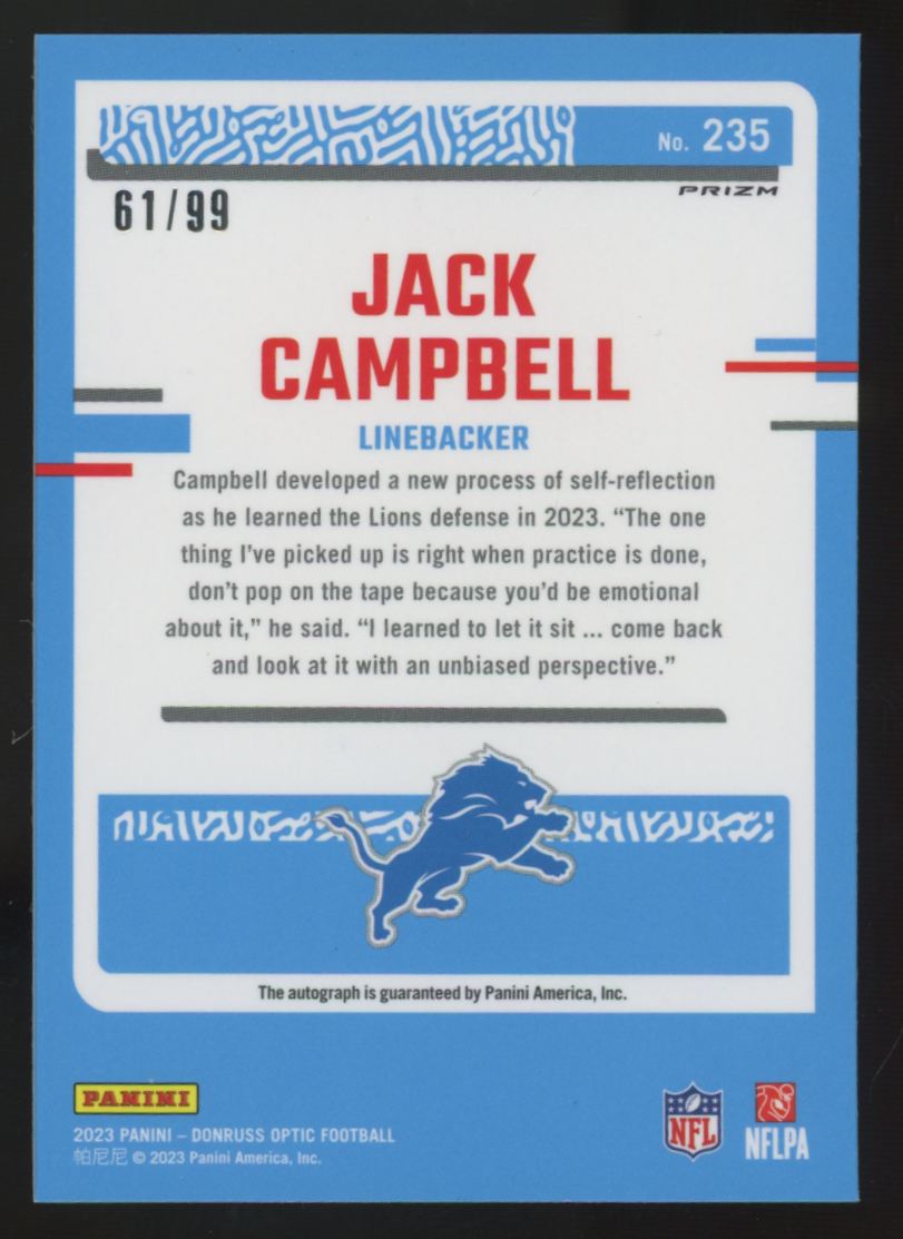 2023 Donruss Optic Jack Campbell RC Rated Rookie Blue Auto /99 #235