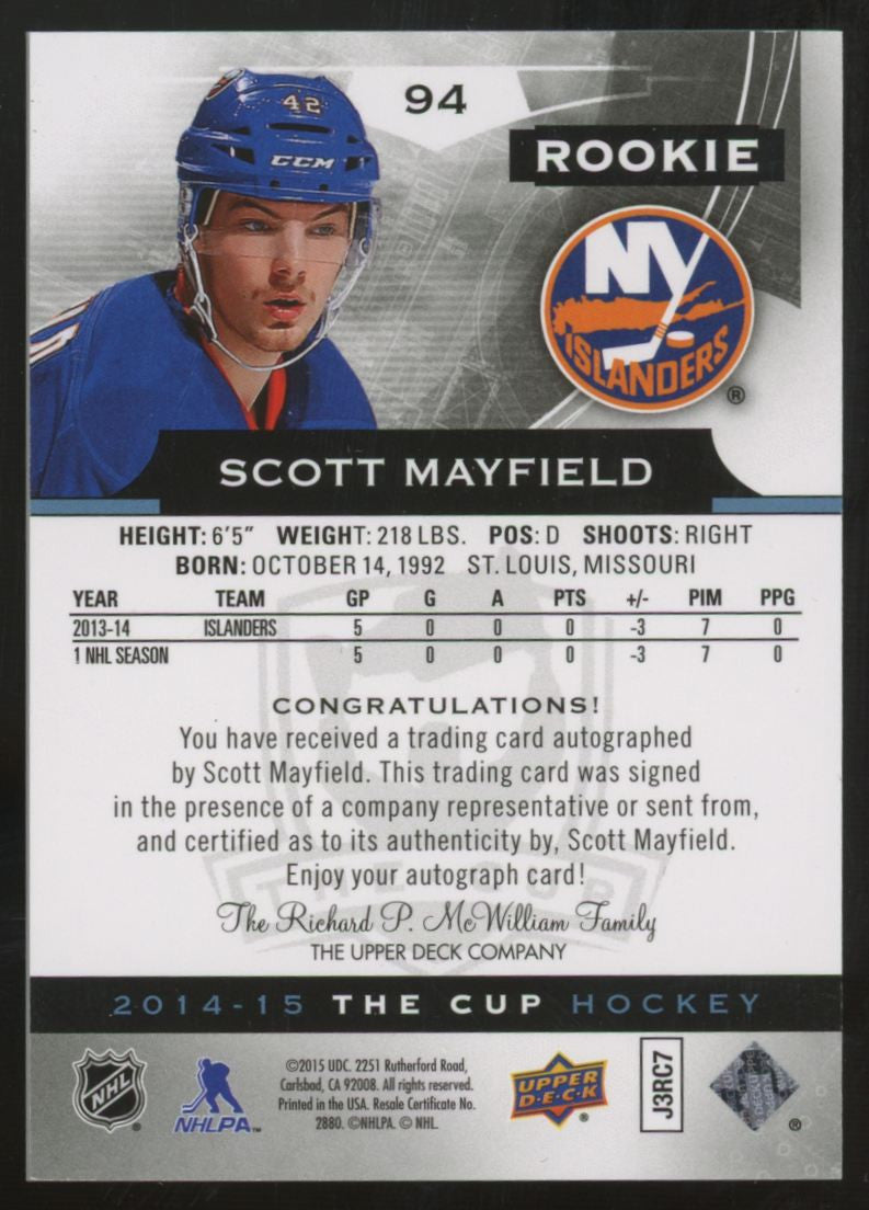 2014-15 Upper Deck The Cup Scott Mayfield RC Auto /249 #94 "A"