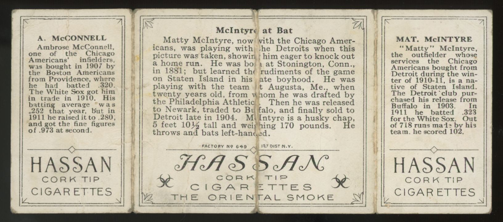 1912 T202 Hassan Triple Folder Amby McConnell Matty McIntyre Poor