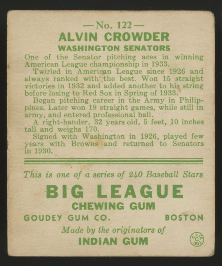 1933 Goudey Alvin Crowder #122 VG