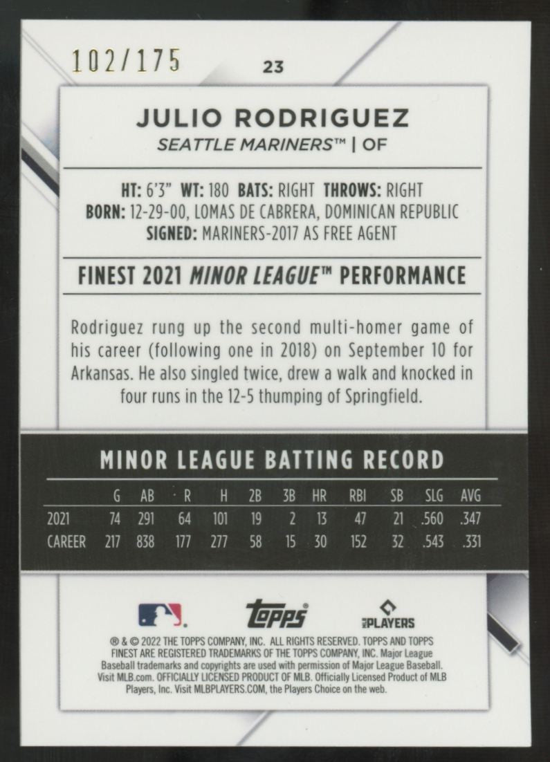 2022 Topps Finest Julio Rodriguez RC Aqua Shimmer Refractor /175 #23