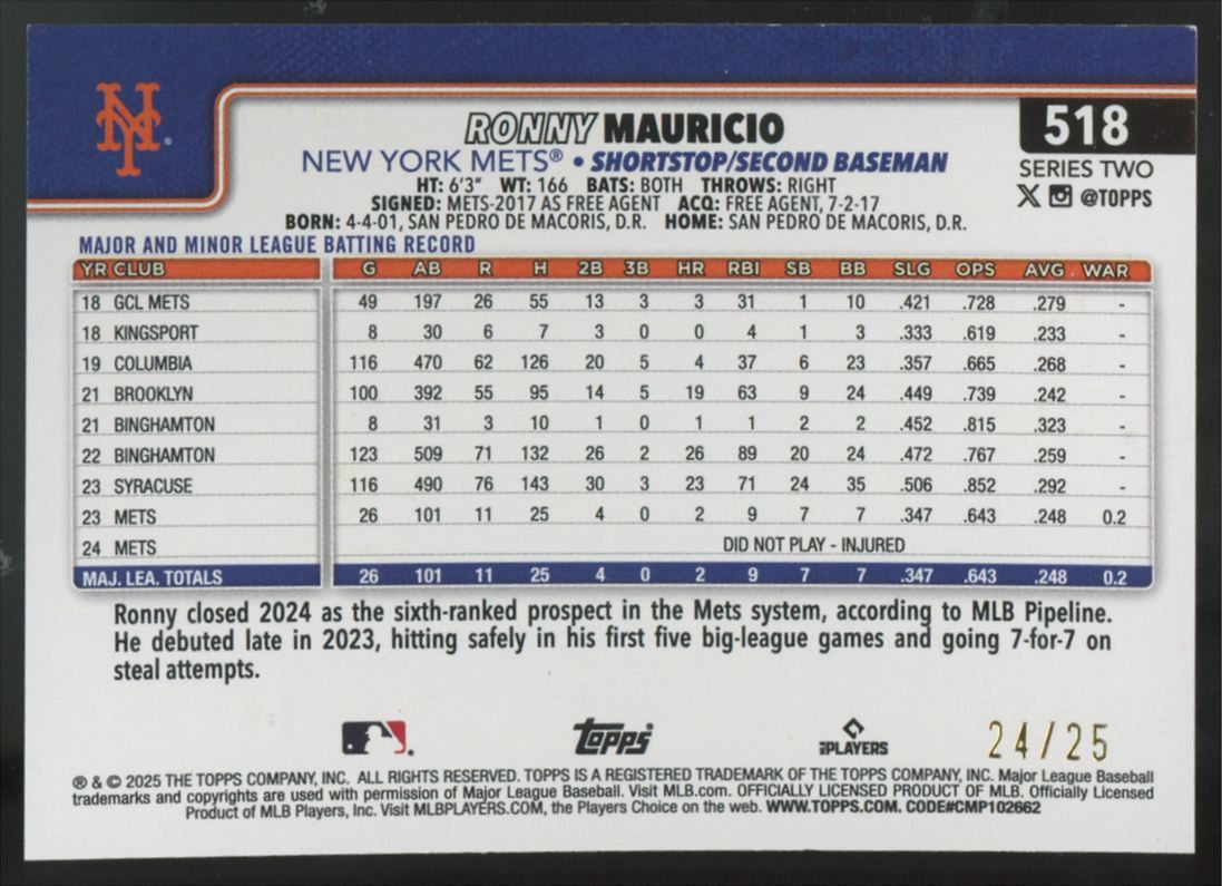 2025 Topps Series Two Ronny Mauricio Wood /25 #518
