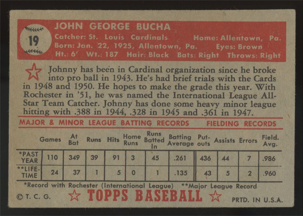 1952 Topps Johnny Bucha RC #19 Good