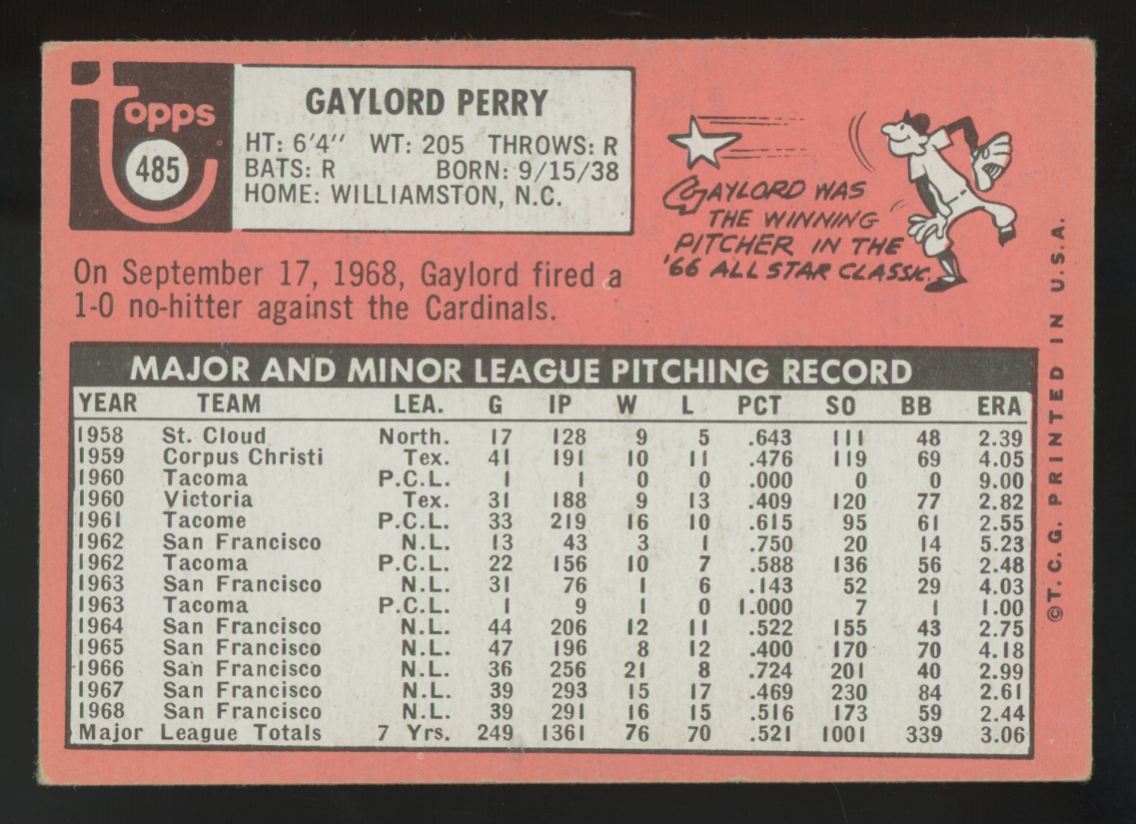 1969 Topps Gaylord Perry White Letters #485 VG/EX