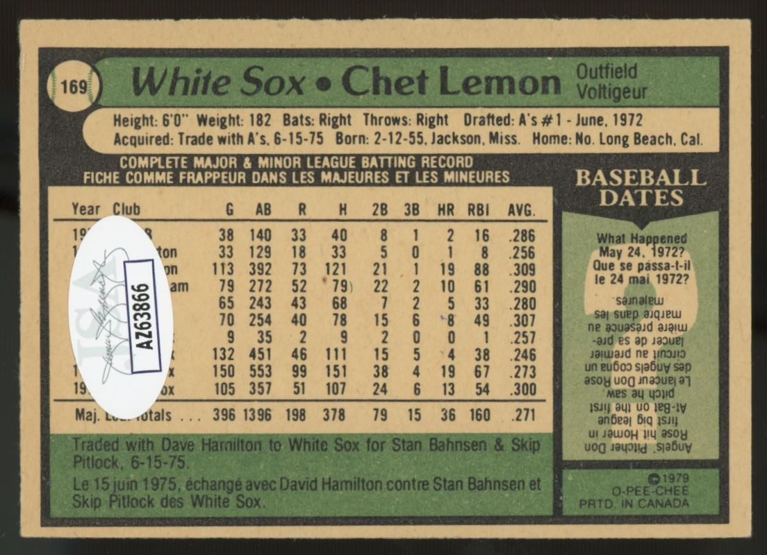 1979 O-Pee-Chee Chet Lemon #169 Signed Auto JSA