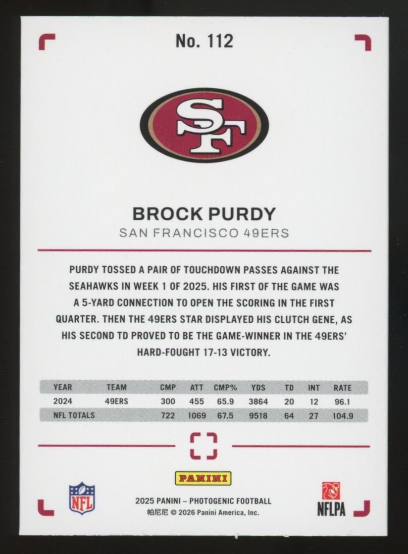 2025 Panini Photogenic Brock Purdy Teal Horizontal /35 #112