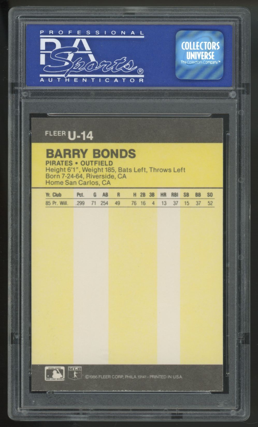 1986 Fleer Update Barry Bonds RC #U-14 PSA 8 *688