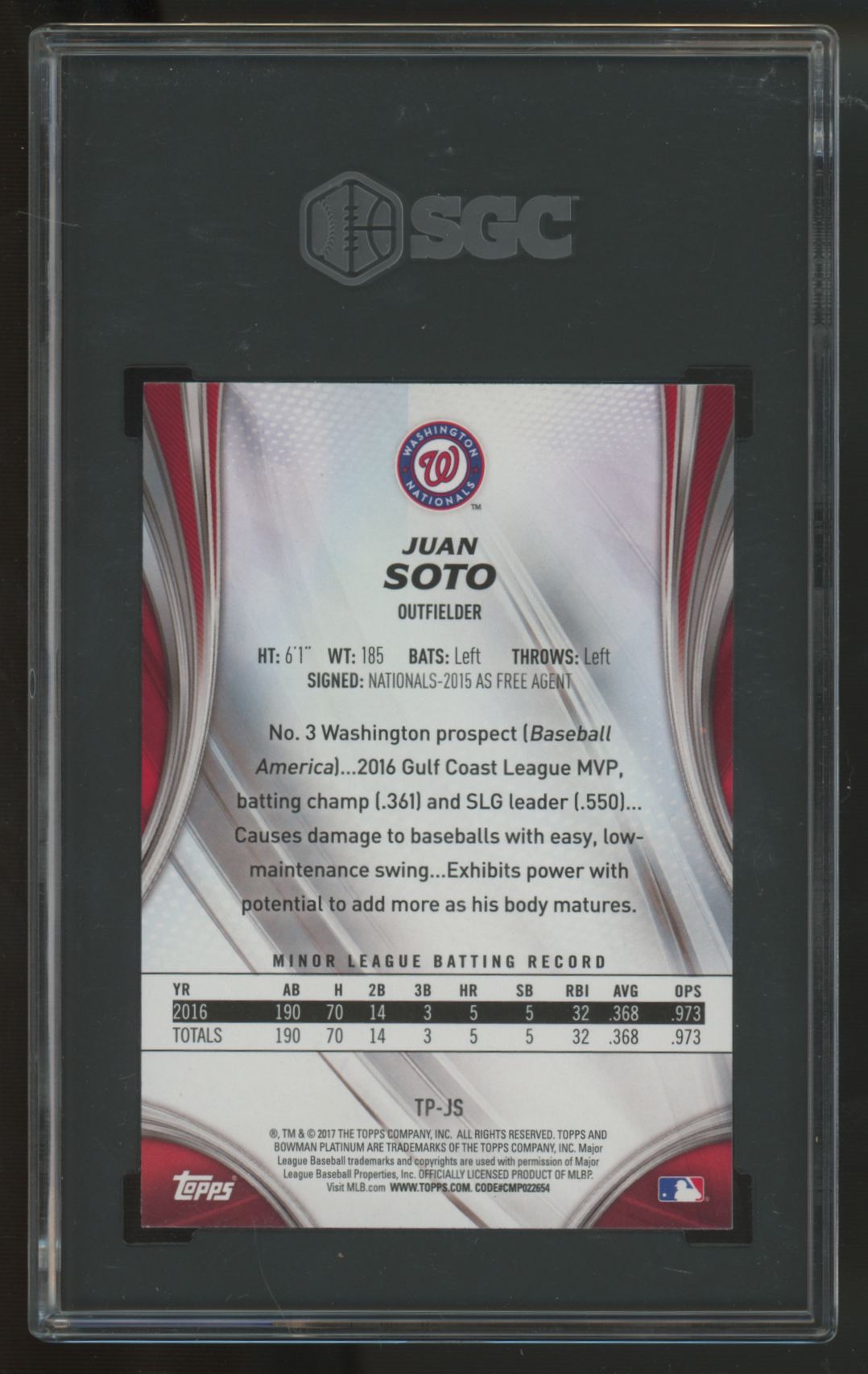 2017 Bowman Platinum Juan Soto Top Prospects Ice #TP-JS SGC 10