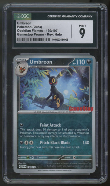2023 Pokemon Umbreon Obsidian Flames Gamestop Promo Reverse Holo #130 CGC 9