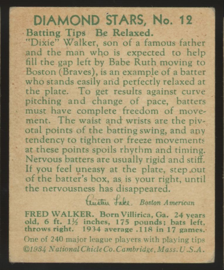 1934 National Chicle "Dixie" Walker Diamond Stars #12 Poor (Pinhole)