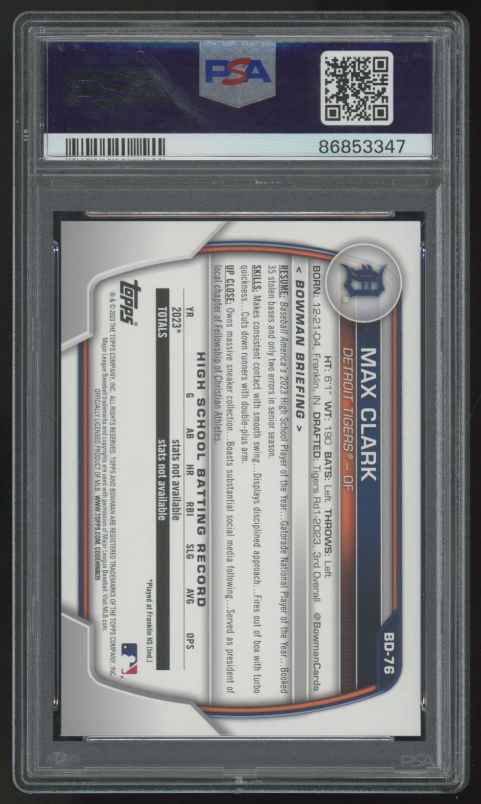2023 Bowman Draft Max Clark 1st #BD-76 PSA 10 *347