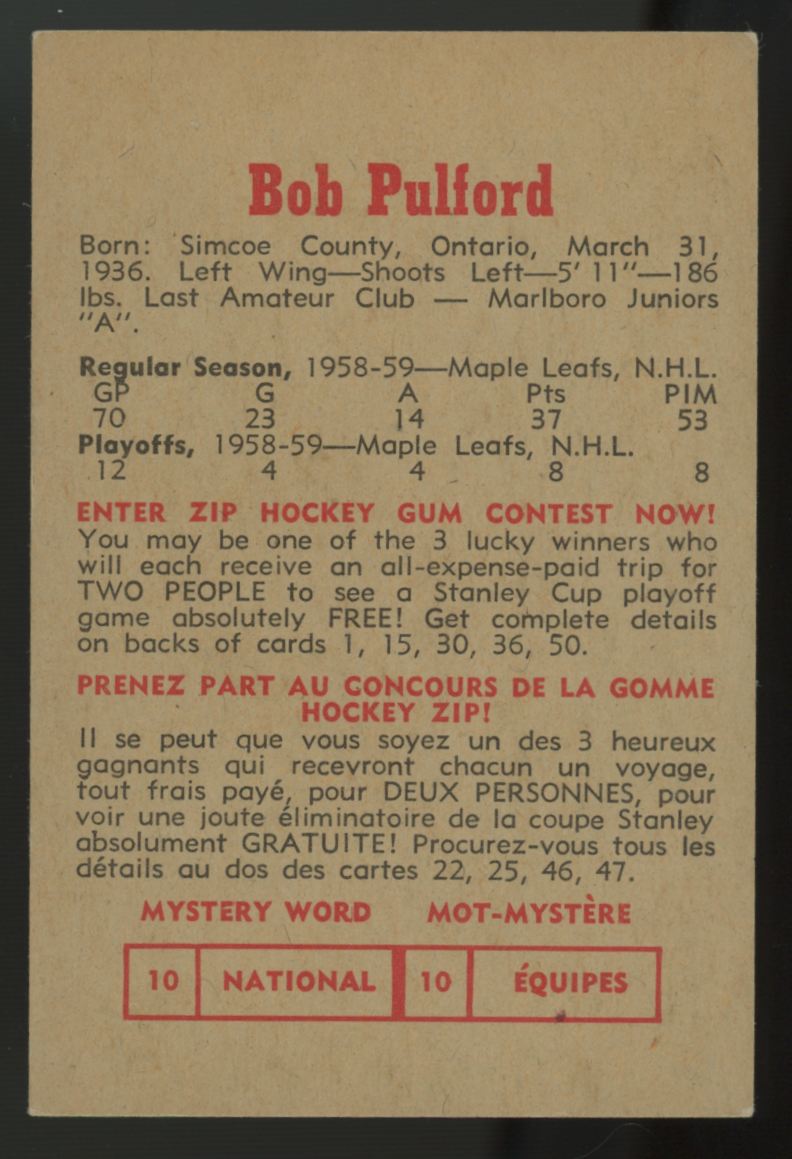 1959-60 Parkhurst Bob Pulford #28 EX