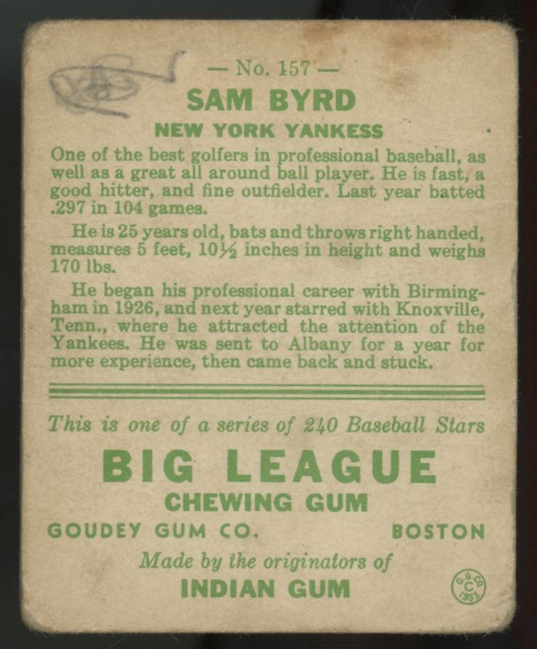 1933 Goudey Sam Byrd #157 Poor (Writing)